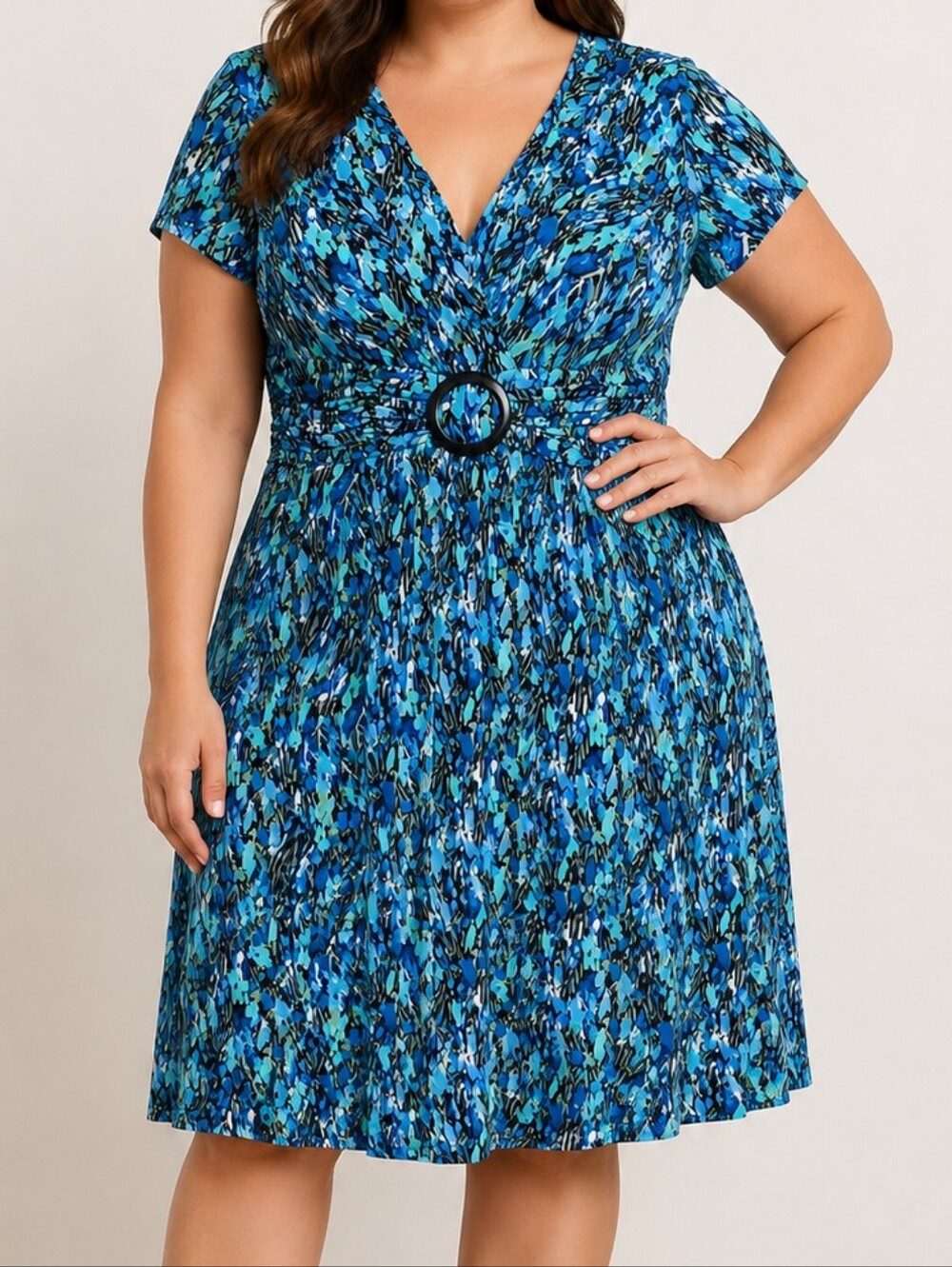Studio I Blue Patterned V-Neck Midi Dress with Waist Ring